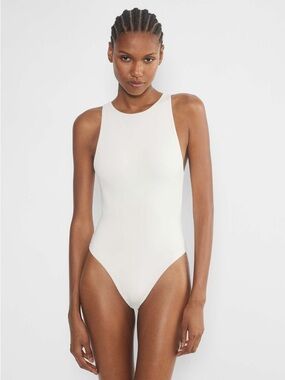 Babaton White High-Neck Minimalist Bodysuit | Sleek Fitted Chic Essential Sz M